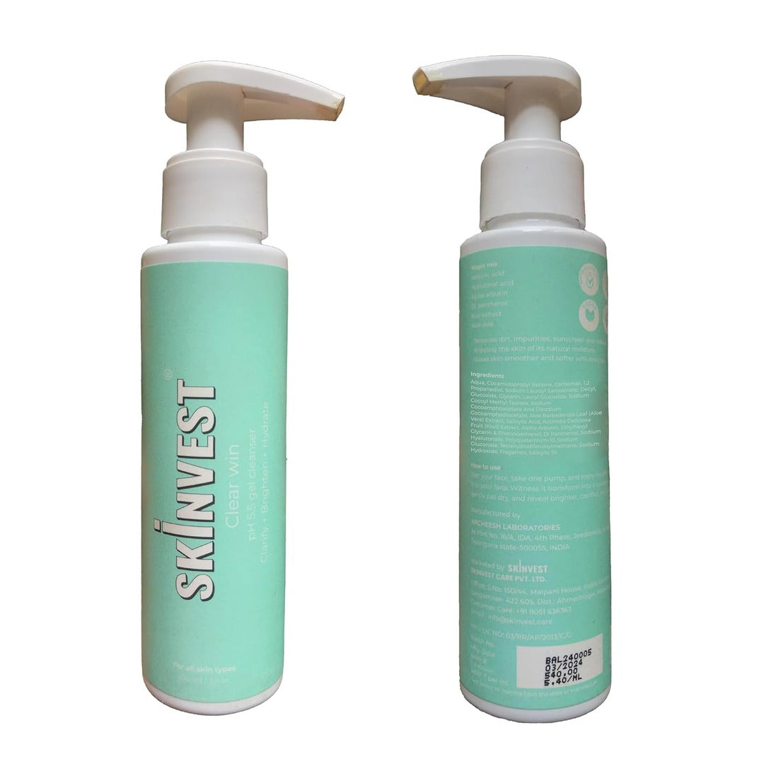 Skinvest Clear Win 100ml Face Gel Cleanser, Clarifies, Brightens & Hydrates Skin, Removes Dirt & Makeup, 100ml Light it up SPF 40 PA ++++ Body Mist Spray De-tan, Hydrate, Protect & Brightens Skin Tone