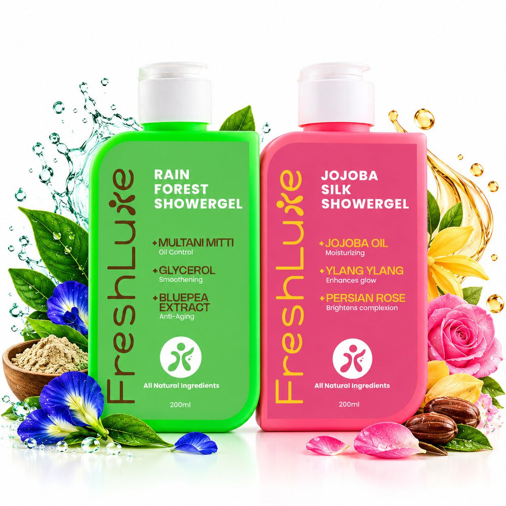 FreshLuxe Body Wash & Lotion Combo | Rain Forest Oil Control Shower Gel + Daily Muse Brightening Perfume Body Lotion with AHA, Niacinamide & Cocoa Butter | Skincare Kit for Women & Men | 2 x 200ml