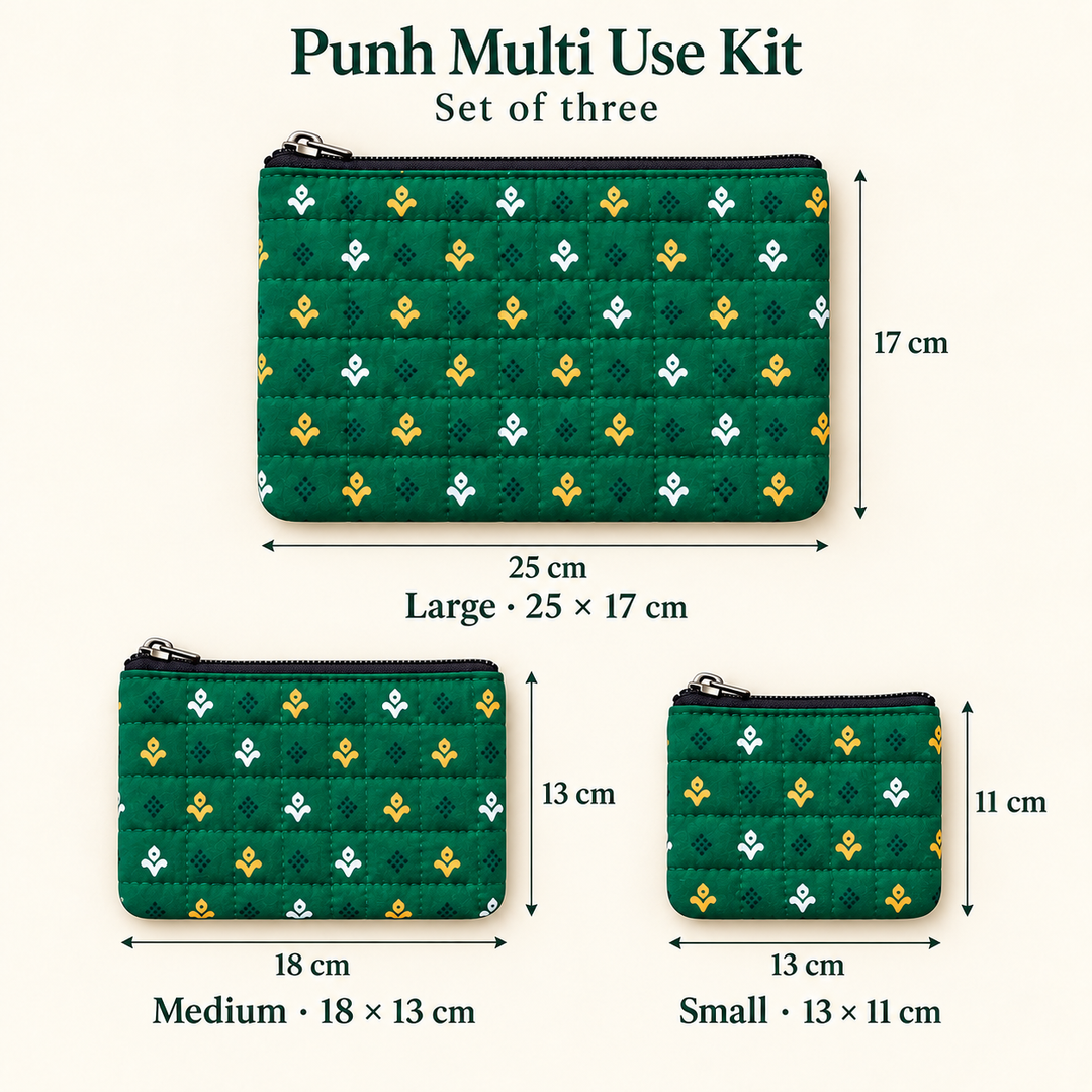 Pravaah Punh Quilted Cotton Flat Pouch Set of 3, Multipurpose Organisers