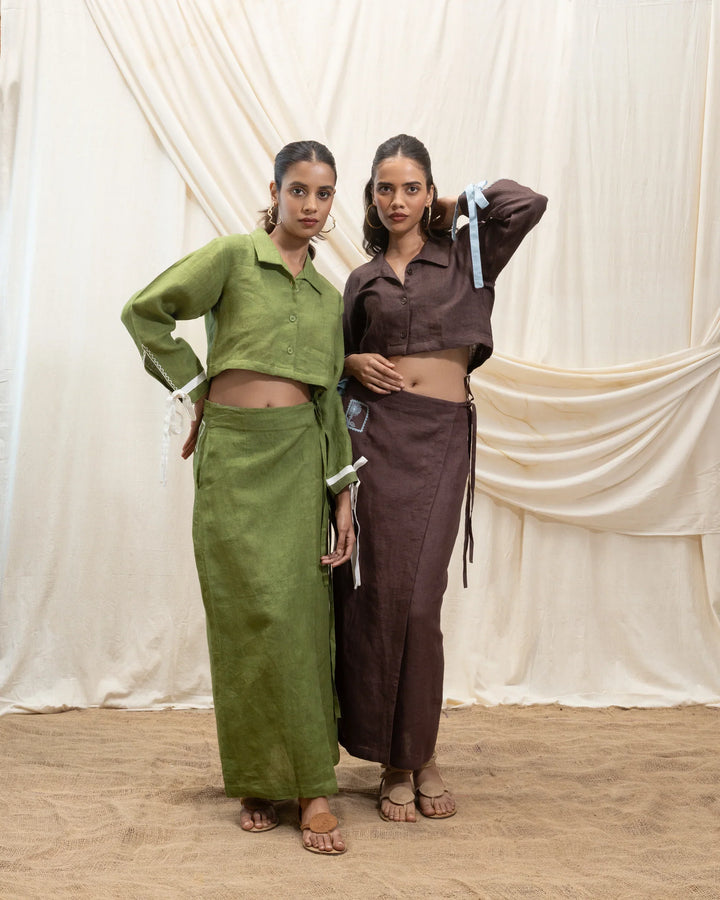 AKASHI Linen cropped shirt and wrap skirt set