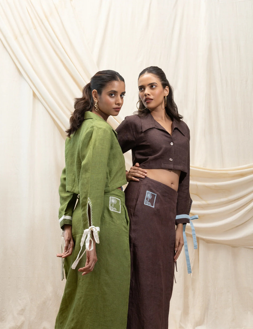 AKASHI Linen cropped shirt and wrap skirt set