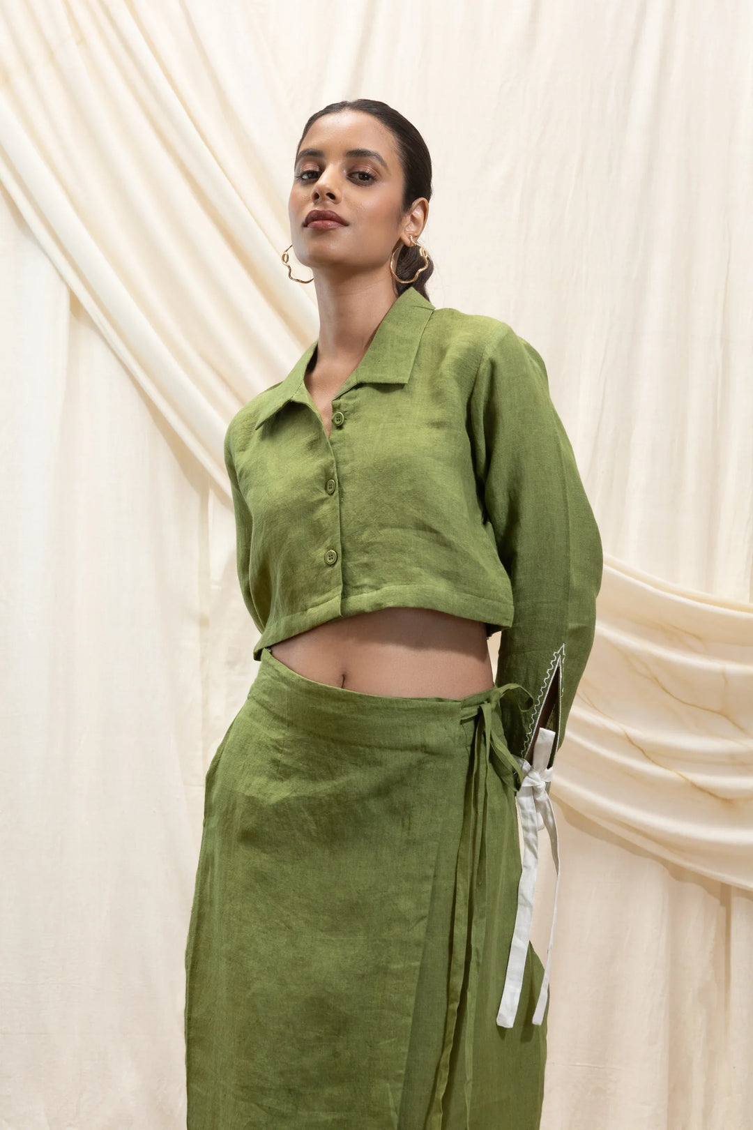 AKASHI Linen cropped shirt and wrap skirt set