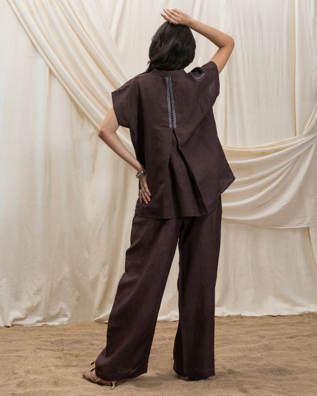 AKASHI Linen v neck top and pleated drawsing pant set 