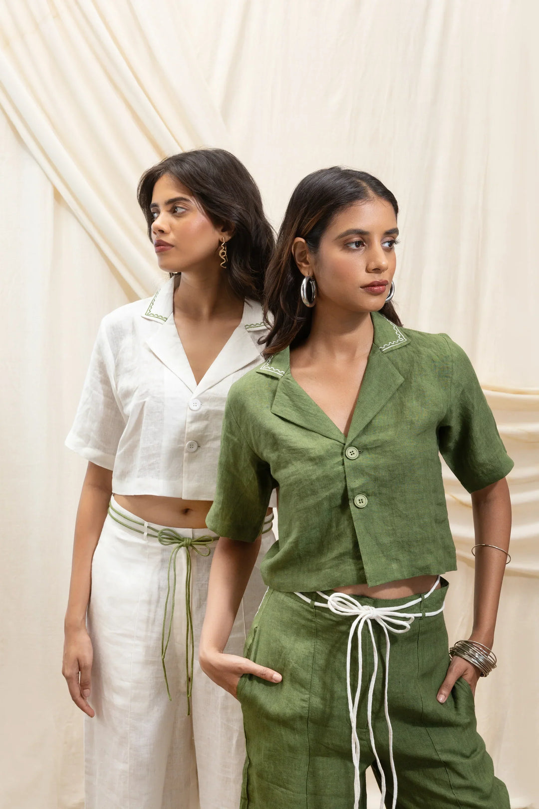 AKASHI Linen cropped blazer and straight pant set