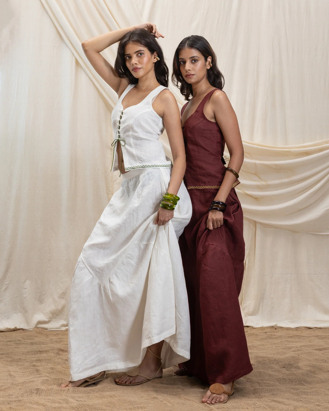 AKASHI Linen tie up corset and flowy skirt set 