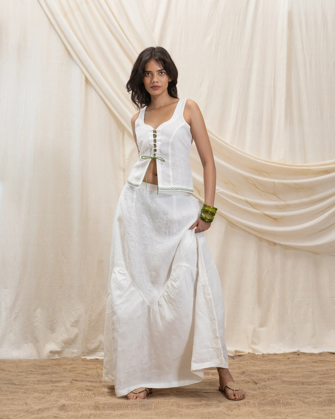 AKASHI Linen tie up corset and flowy skirt set 