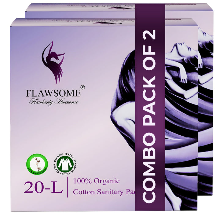 Flawsome 100% Organic Sanitary Pads | High Absorption | Cotton Sanitary Pads | Soft and Rash Free | Toxin-Free (Pack of 40, L)