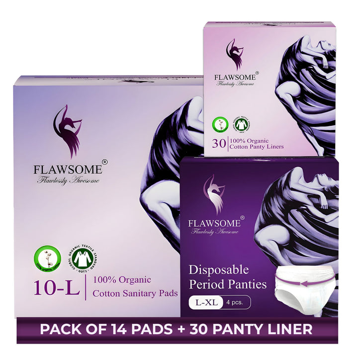 Flawsome Period Combo for Women | L Cotton Sanitary Pads (10) + Panty Liners (30) + Period Panties Size L (4) | Ultra-Thin, Leak-Proof, Rash-Free & Toxin-Free | For Sensitive Skin | Wider Back | Soft & Eco-Friendly | With Disposal Cover
