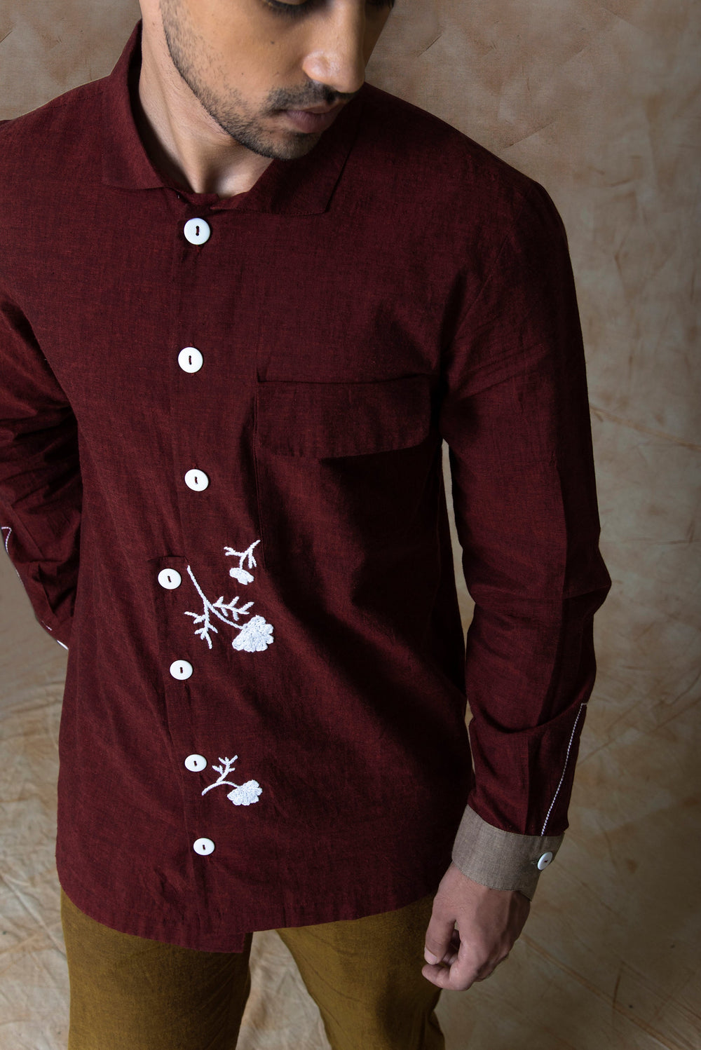 Anushé Pirani High Low Hem Shirt | Handwoven Cotton | Maroon, Men's