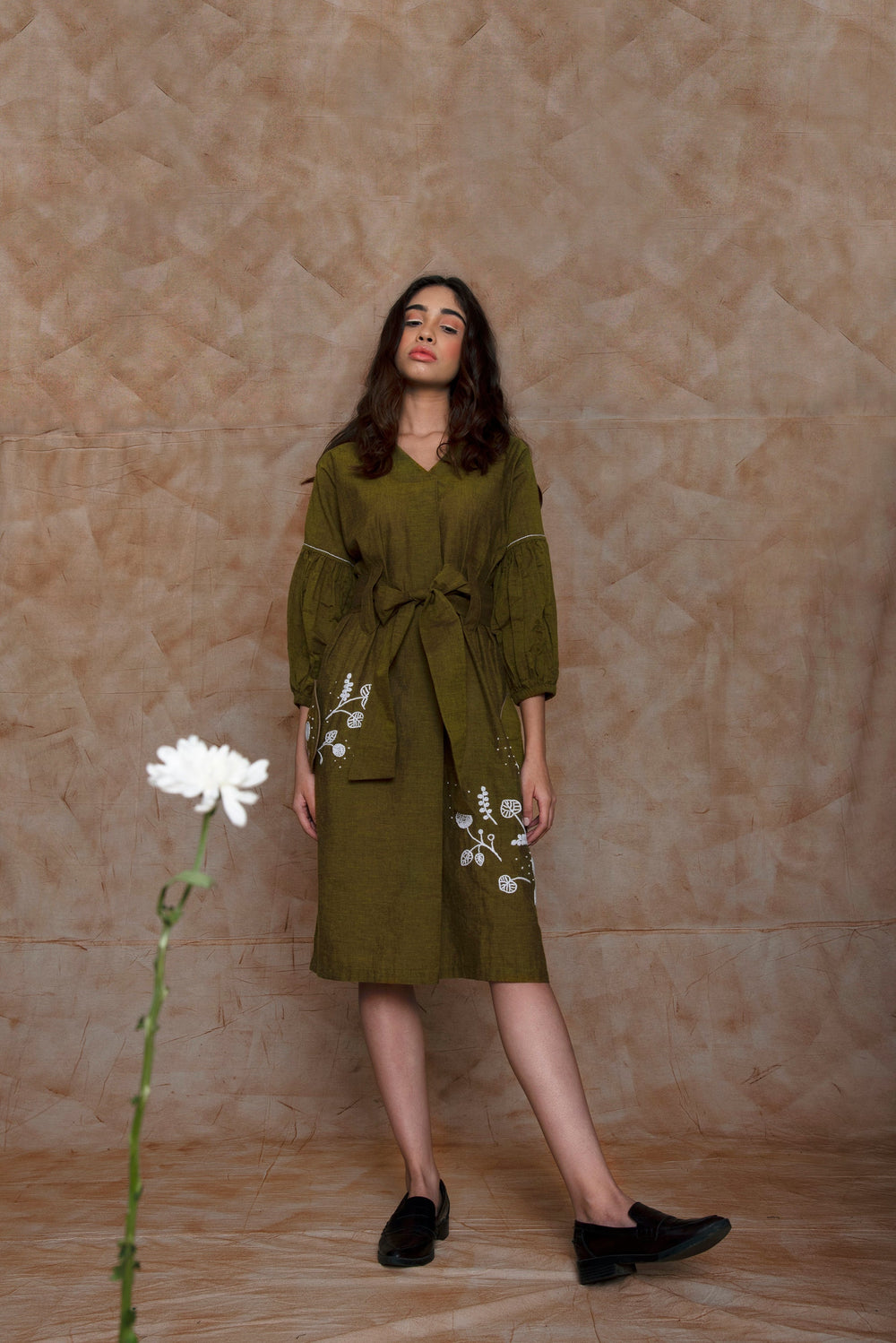 Anushé Pirani Belted Dress | Handwoven Organic Cotton | Olive, Women's
