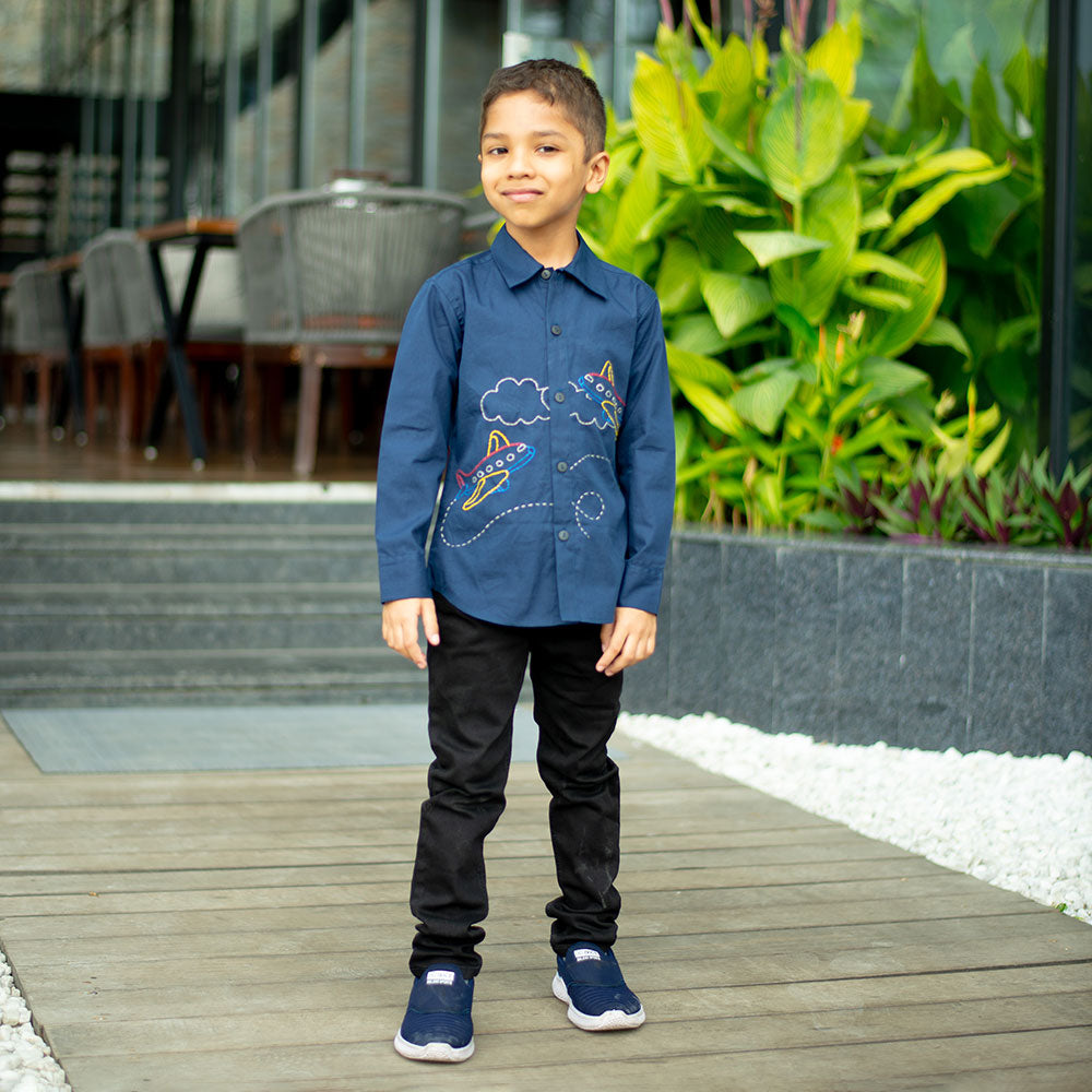 Aeroplane Embroidered Organic Cotton Shirt - Navy