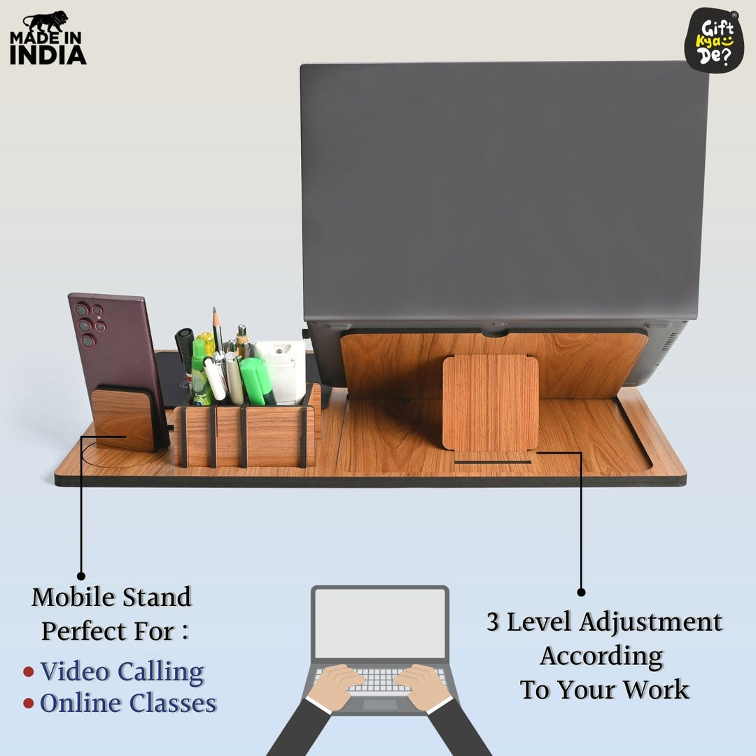 Gift Kya De Lapdesks Premium All-in-one Table top for Laptop Stand with Cooling pad Keyboard and Mouse pad Mobile Stand Stationary Desk Organizers and Coaster Set (All in One)