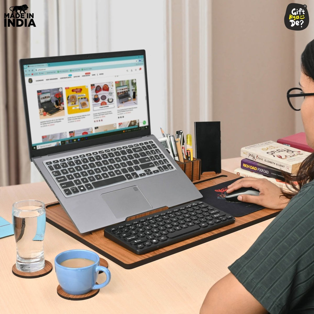 Gift Kya De Lapdesks Premium All-in-one Table top for Laptop Stand with Cooling pad Keyboard and Mouse pad Mobile Stand Stationary Desk Organizers and Coaster Set (All in One)