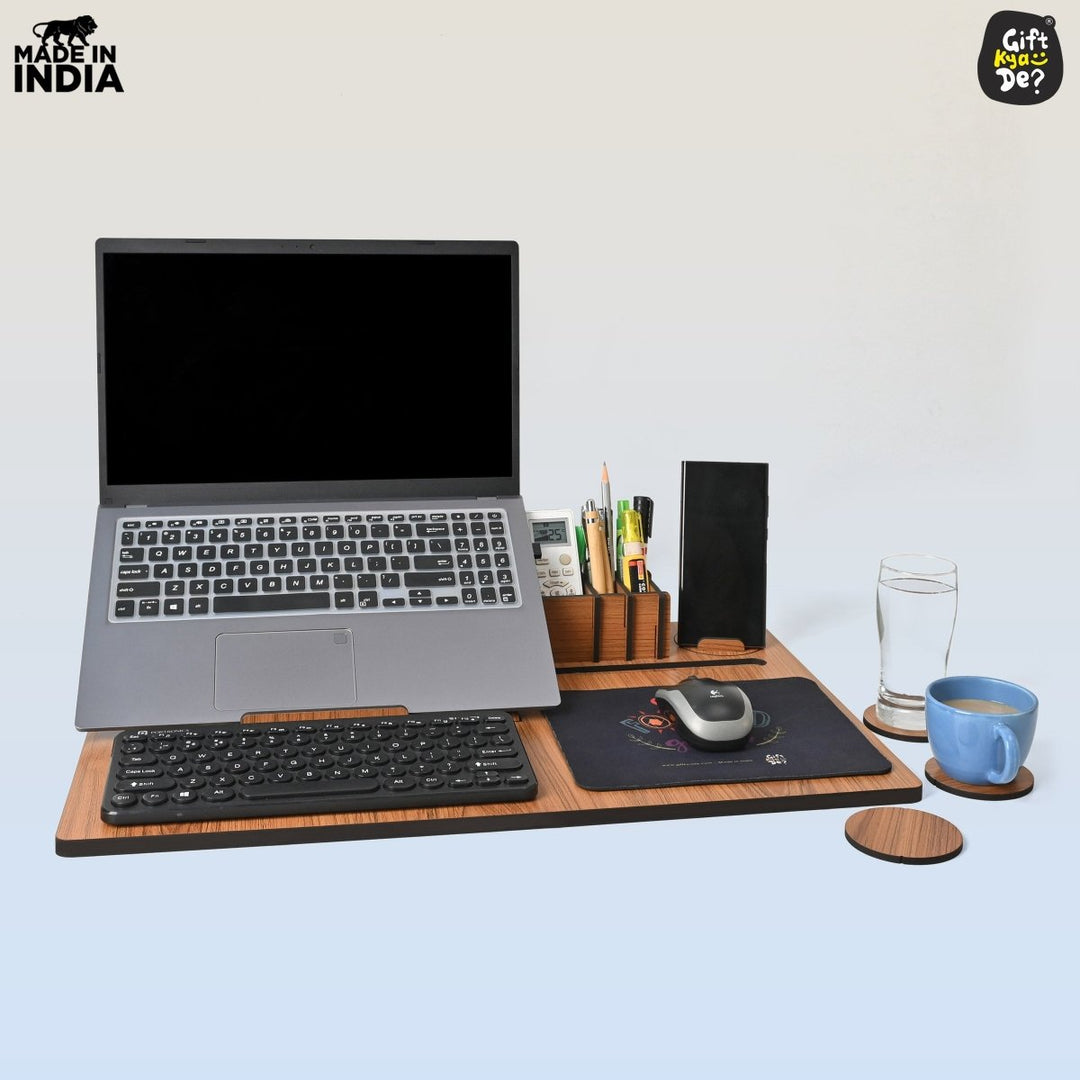 Gift Kya De Lapdesks Premium All-in-one Table top for Laptop Stand with Cooling pad Keyboard and Mouse pad Mobile Stand Stationary Desk Organizers and Coaster Set (All in One)