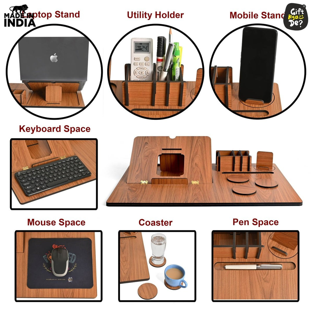 Gift Kya De Lapdesks Premium All-in-one Table top for Laptop Stand with Cooling pad Keyboard and Mouse pad Mobile Stand Stationary Desk Organizers and Coaster Set (All in One)