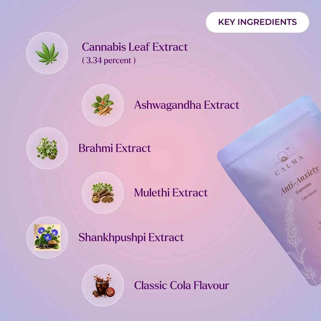 Calma Anti-Anxiety Gummies | Doctor-Prescribed Vijaya Extract, Ashwagandha, Brahmi & Shankhpushpi for Stress & Anxiety Relief | Non-Habit Forming | 90mg | Cola Flavour