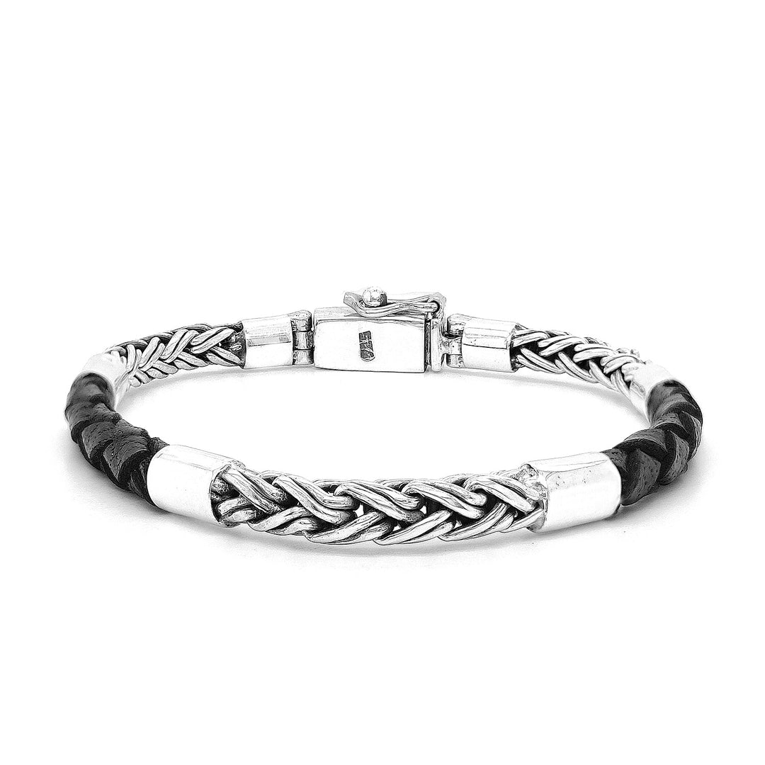 Twisted Rope Sterling Silver and Black leather Bracelet