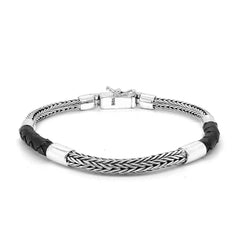 Men's Woven Bali chain Bracelet in 925 Sterling Silver & Black Leather