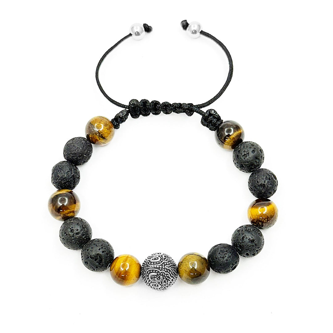 The Urban Pod Macramé Bracelet in Om bead in 925 sterling silver with Volcanic lava and Yellow tiger eye Gemstones