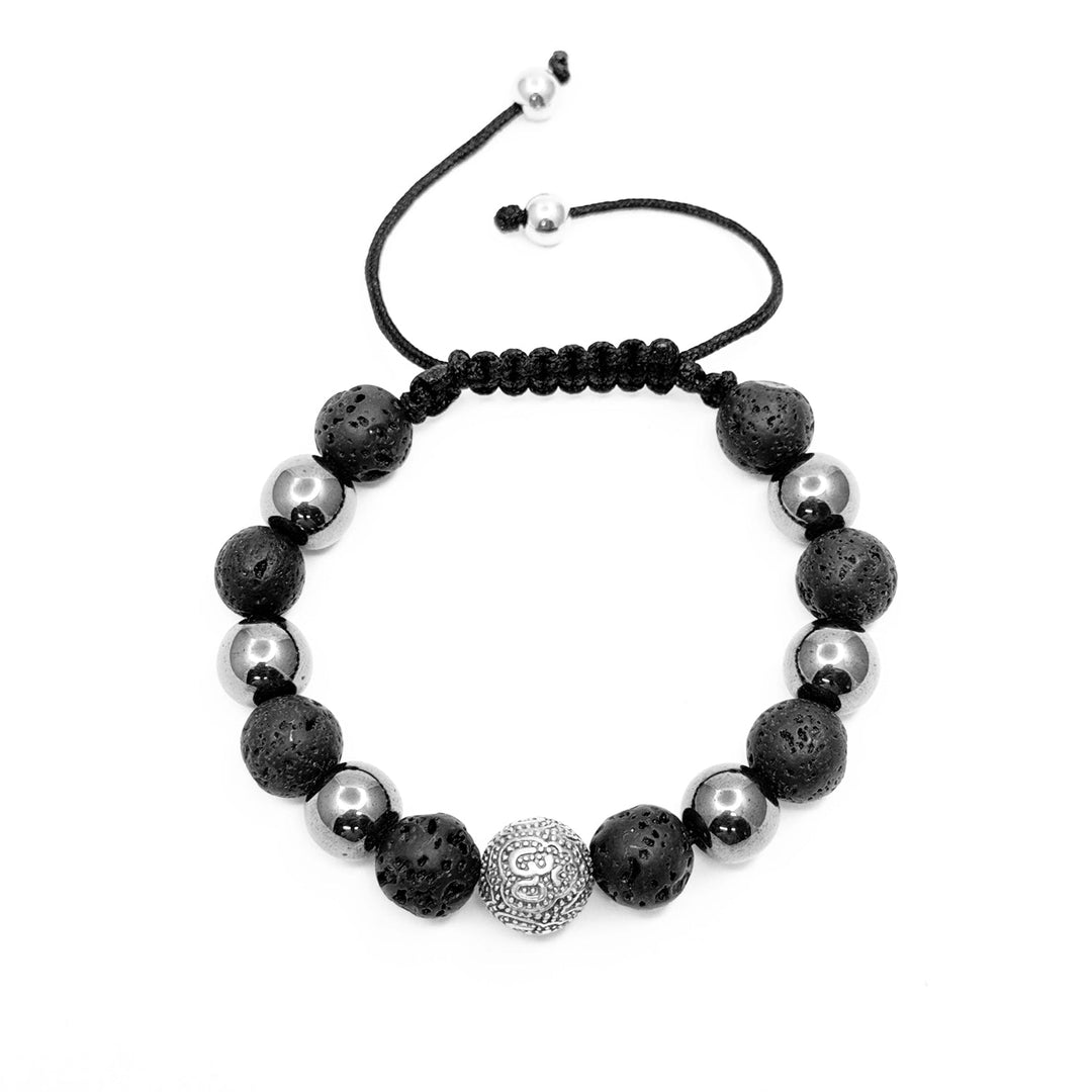 The Urban Pod Macramé Bracelet in Om bead in 925 sterling silver with Volcanic lava and Hematite Gemstones