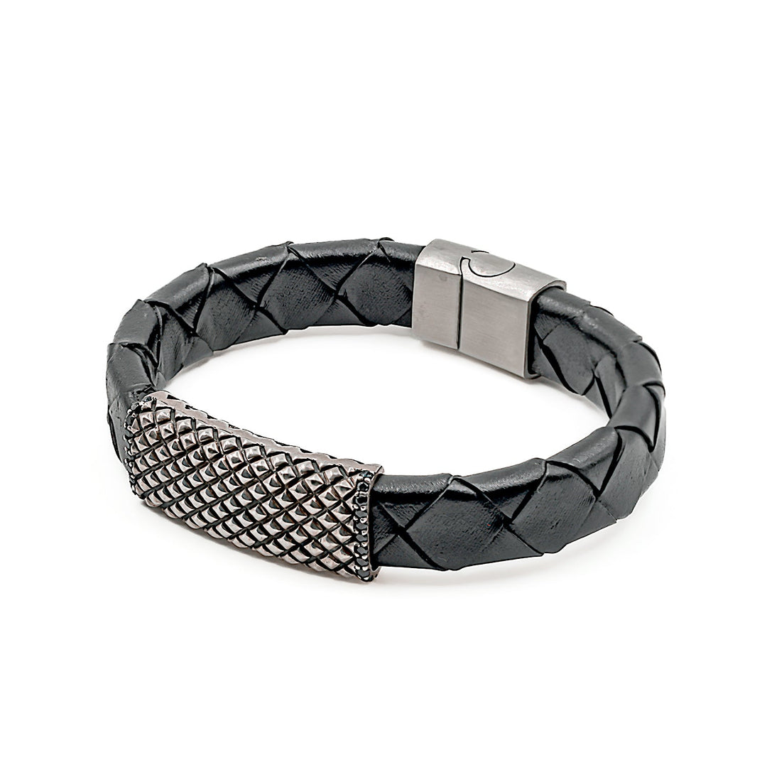 Diamond Textured Bar Bracelet in Black Leather