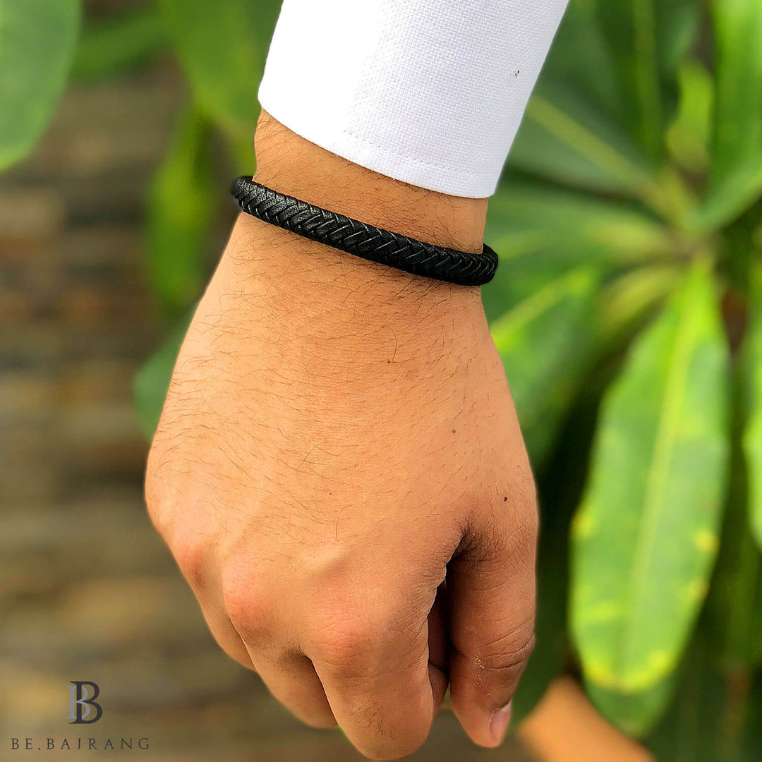 Black Flat Leather Bracelet With Brushed Stainless Steel Lock