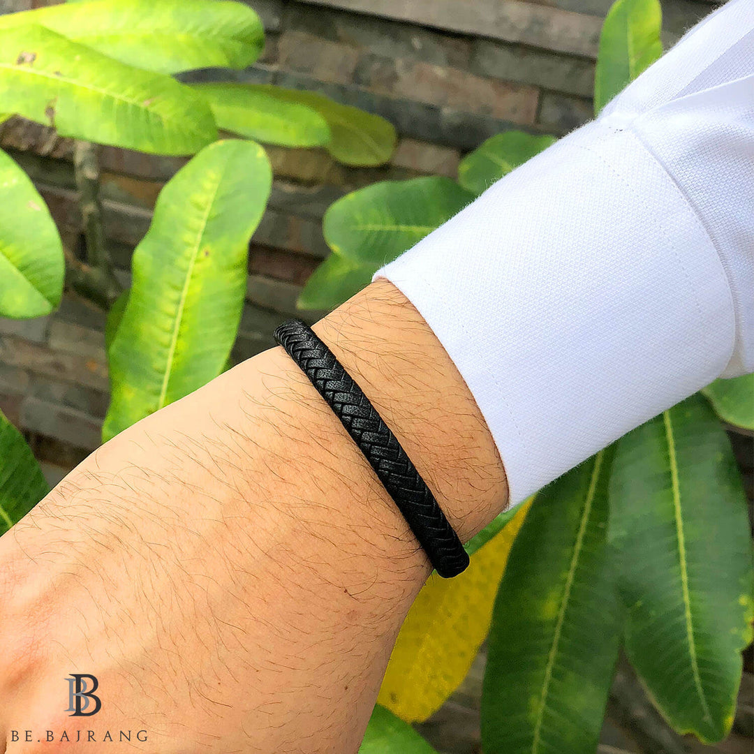 Black Flat Leather Bracelet With Brushed Stainless Steel Lock