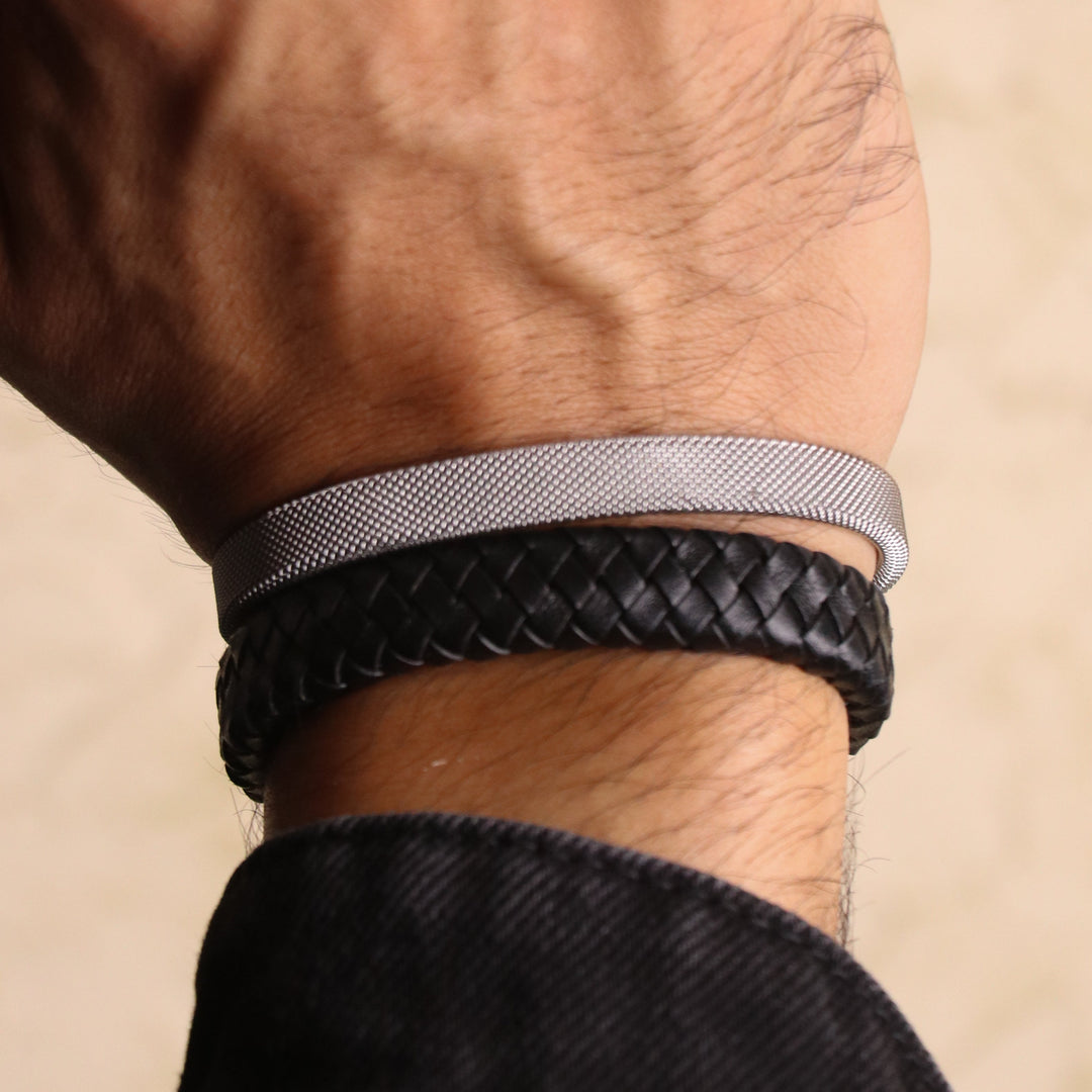 Flat Braided Genuine Black Leather Bracelet