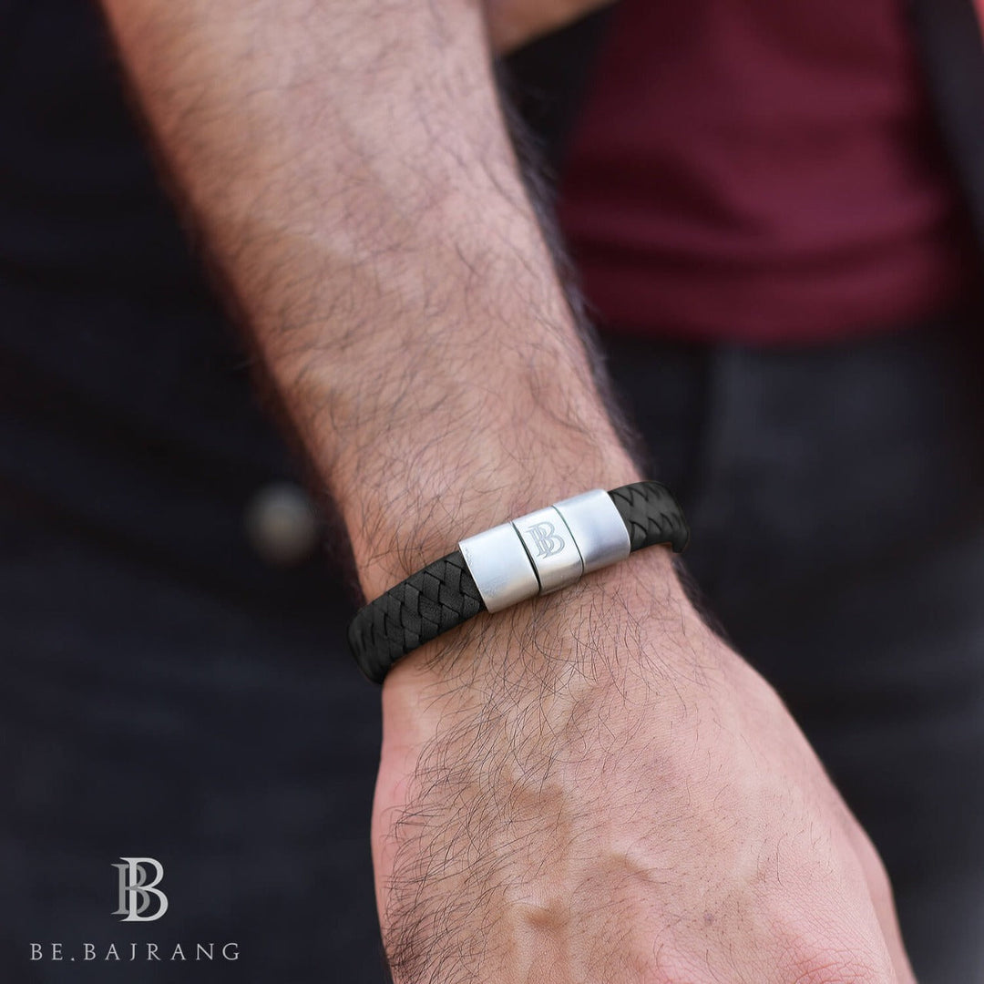 Flat Braided Genuine Black Leather Bracelet