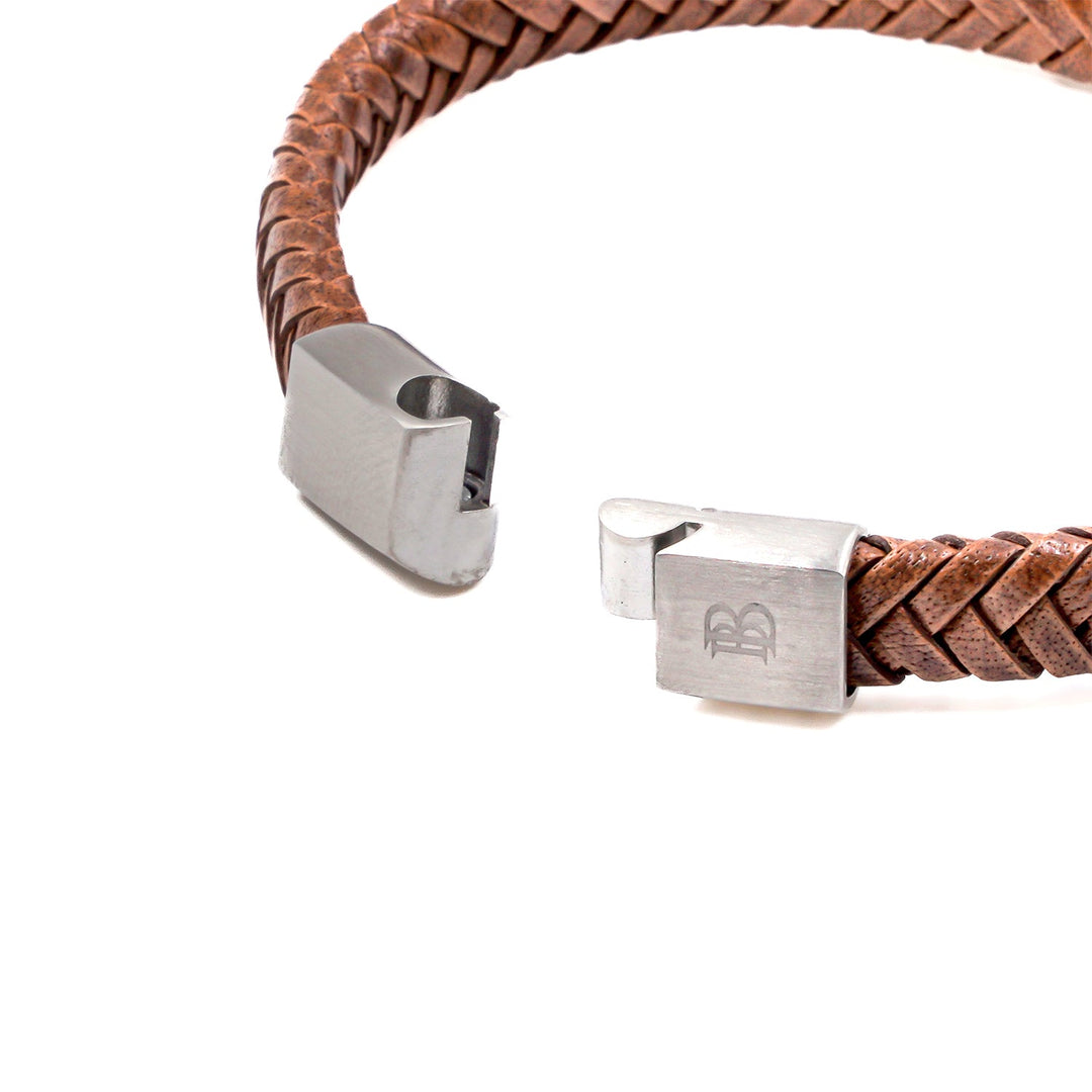 Tan Brown Flat Leather Bracelet With Brushed Stainless Steel Lock