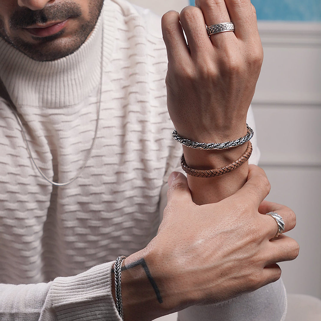 Tan Brown Flat Leather Bracelet With Brushed Stainless Steel Lock