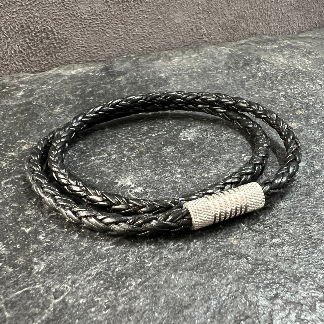 4mm Twisted Rope Genuine Black Leather Bracelet.