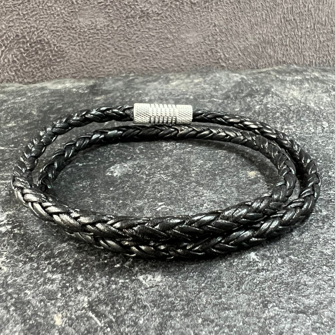 4mm Twisted Rope Genuine Black Leather Bracelet.