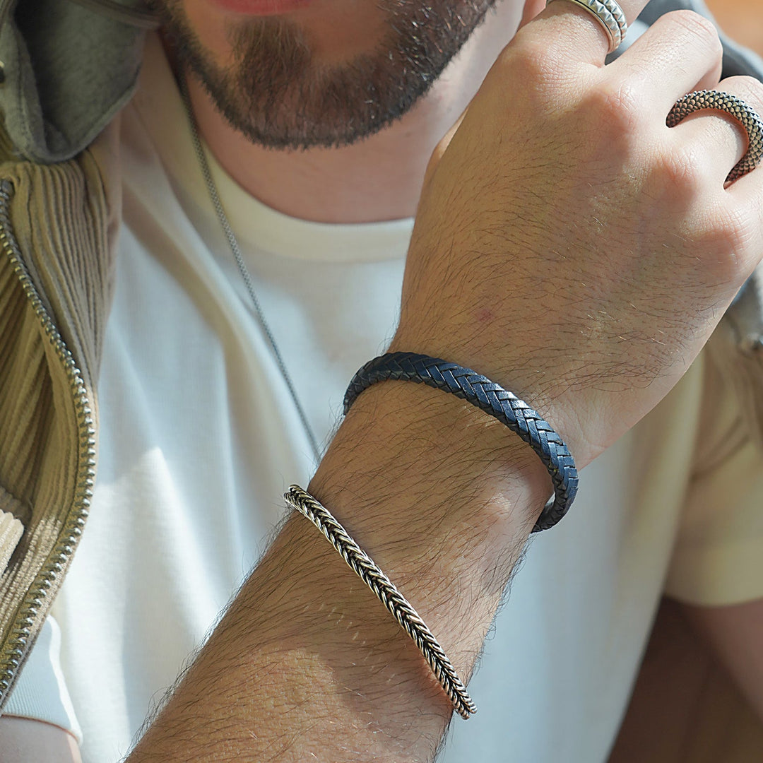 Navy Blue Flat Leather Bracelet With Brushed Stainless Steel Lock