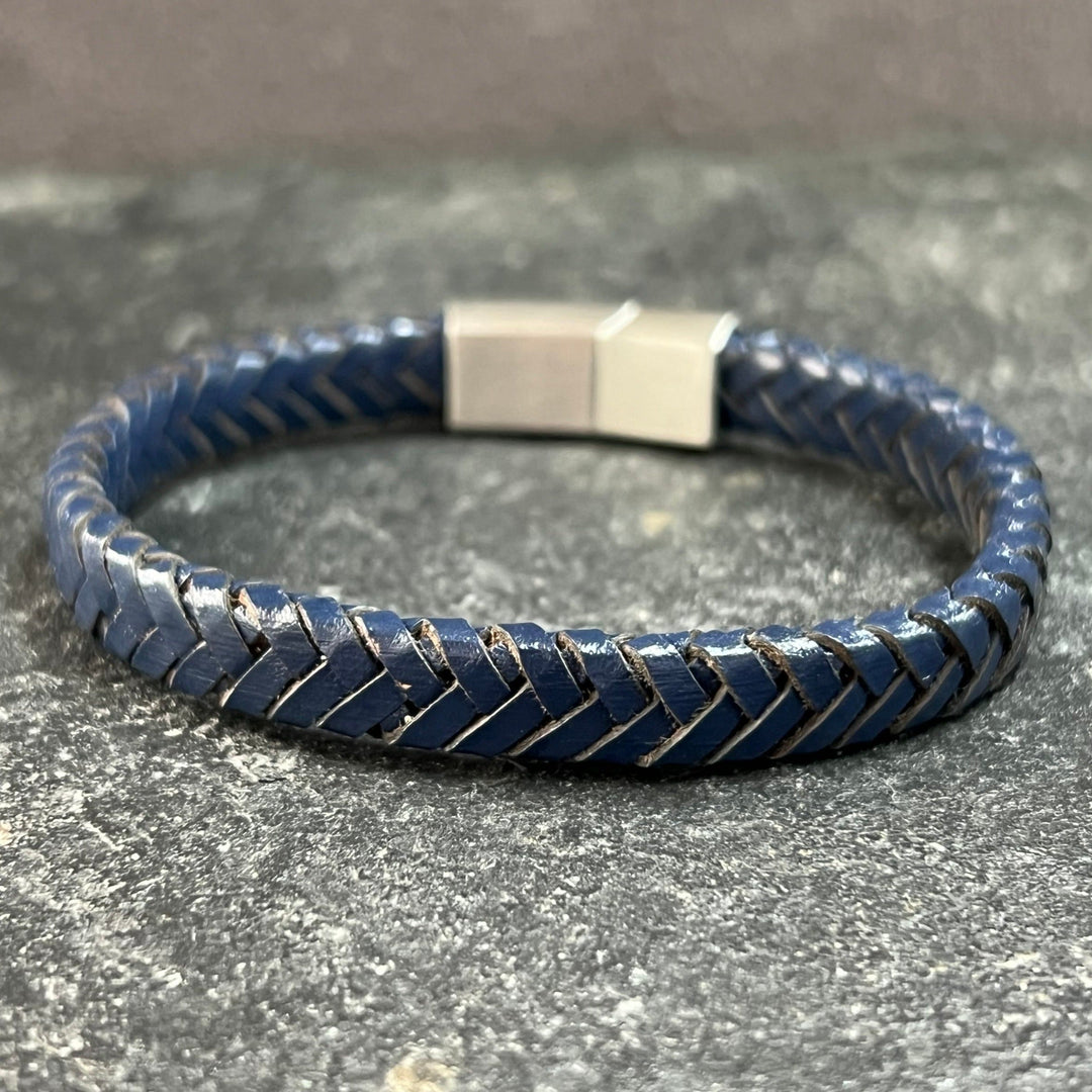 Navy Blue Flat Leather Bracelet With Brushed Stainless Steel Lock