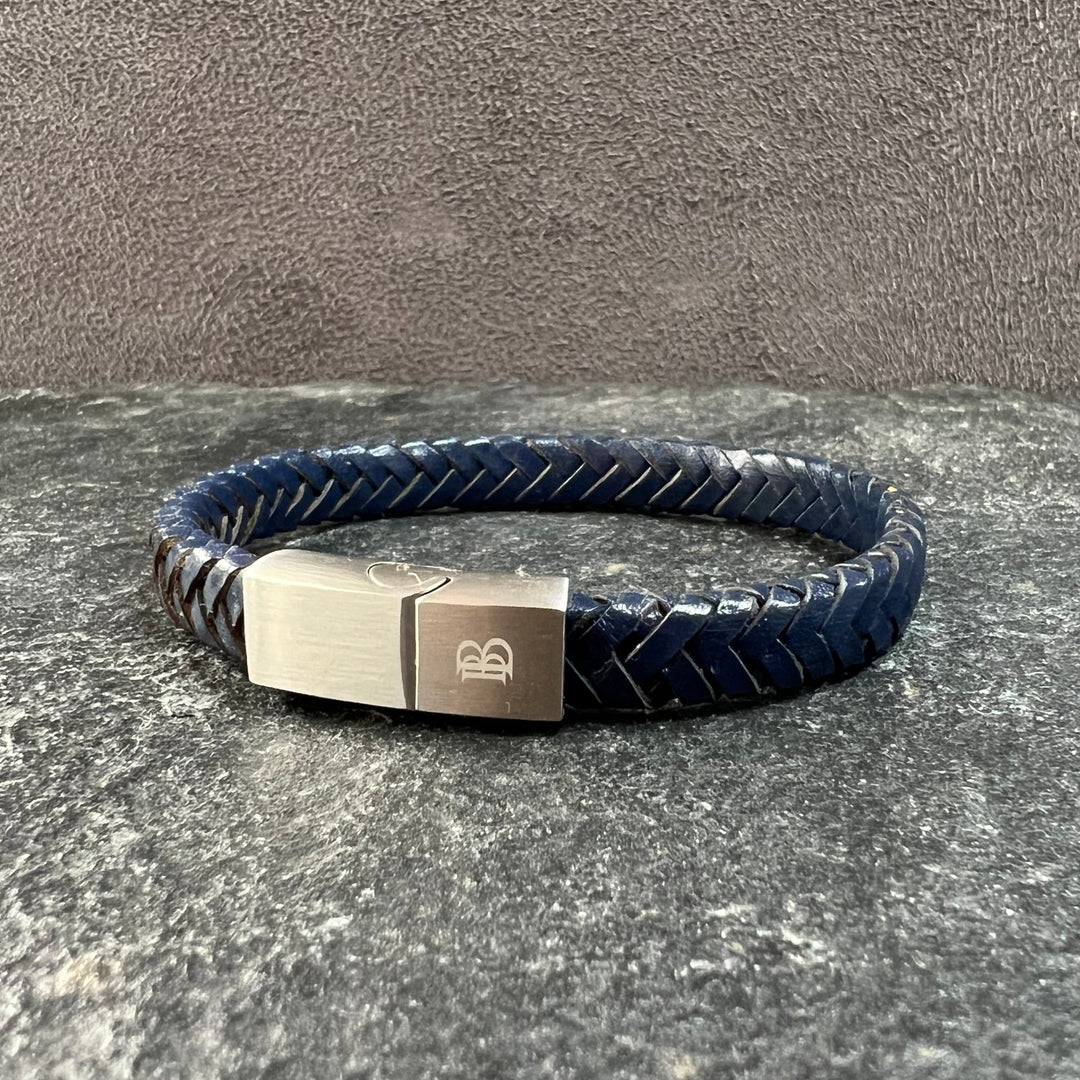 Navy Blue Flat Leather Bracelet With Brushed Stainless Steel Lock