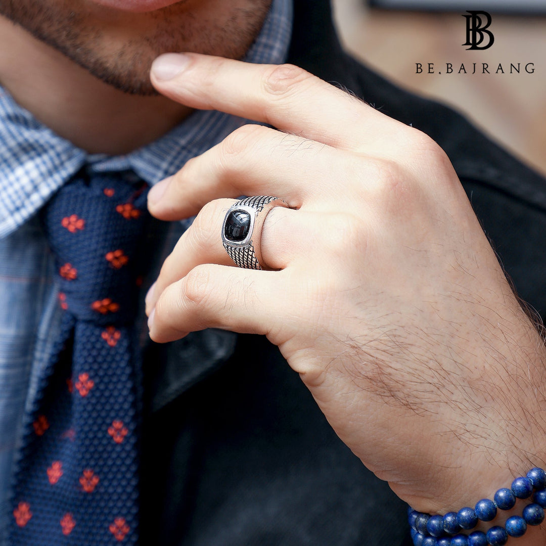 Chequered Signet Ring with Black Onyx Gemstone, in 925 Sterling Silver