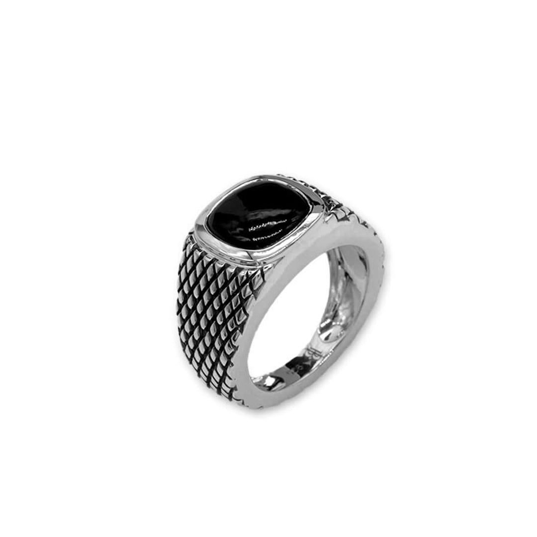 Chequered Signet Ring with Black Onyx Gemstone, in 925 Sterling Silver