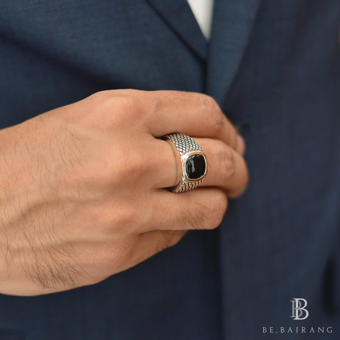 Chequered Signet Ring with Black Onyx Gemstone, in 925 Sterling Silver