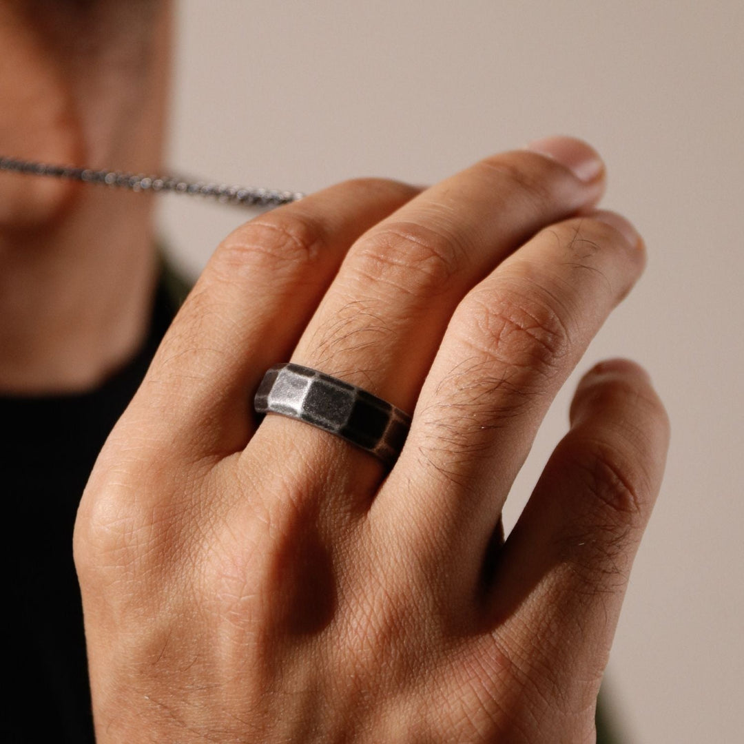 Hexa Industrial Facet Ring in Oxidized finish