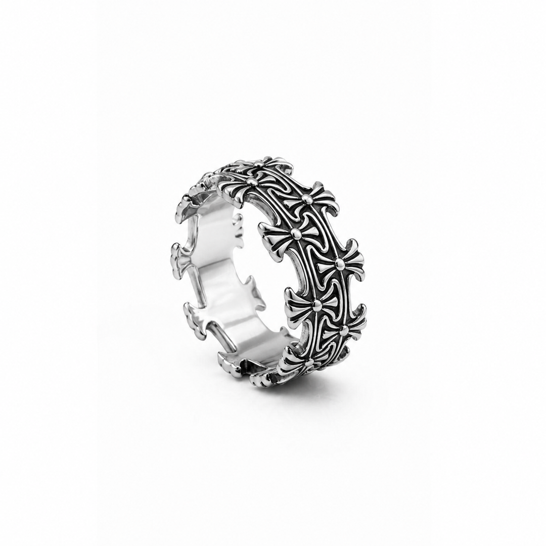 925 Sterling Silver Gothic Cross Band Ring | Vintage Oxidized Statement Ring