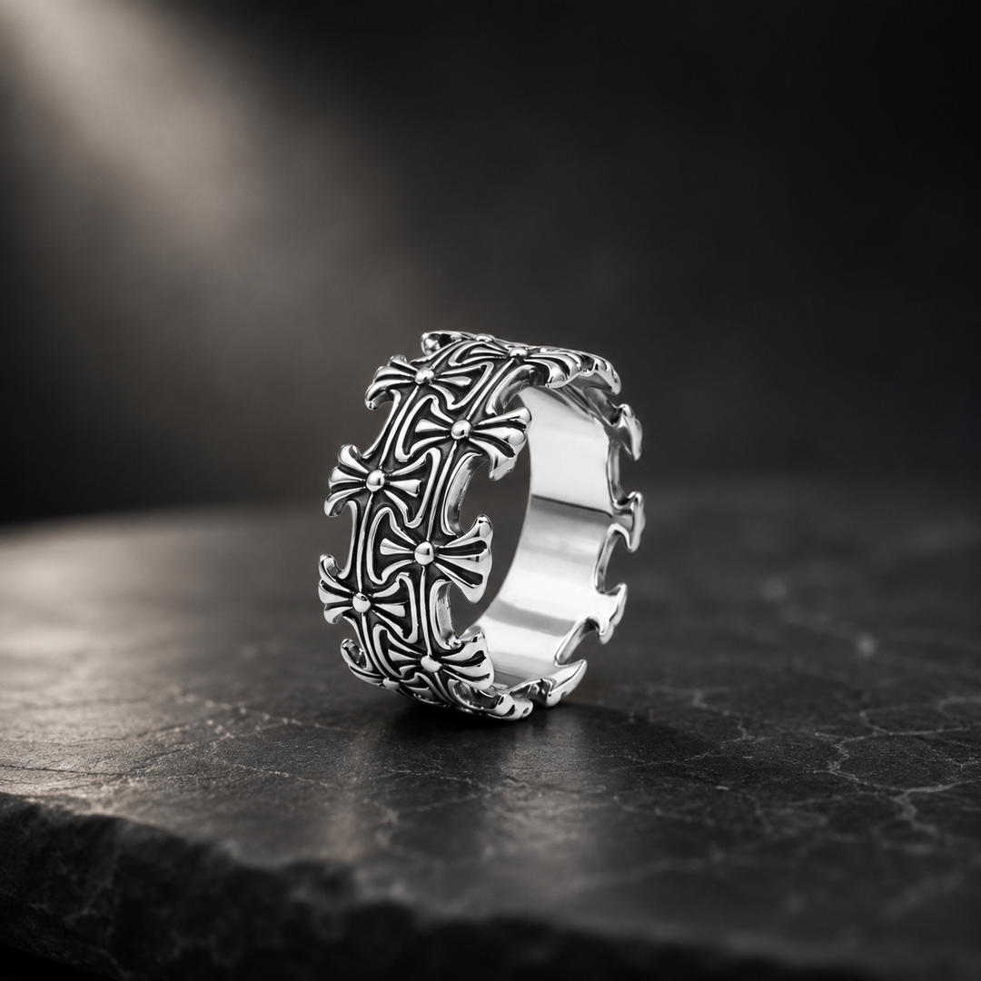 925 Sterling Silver Gothic Cross Band Ring | Vintage Oxidized Statement Ring