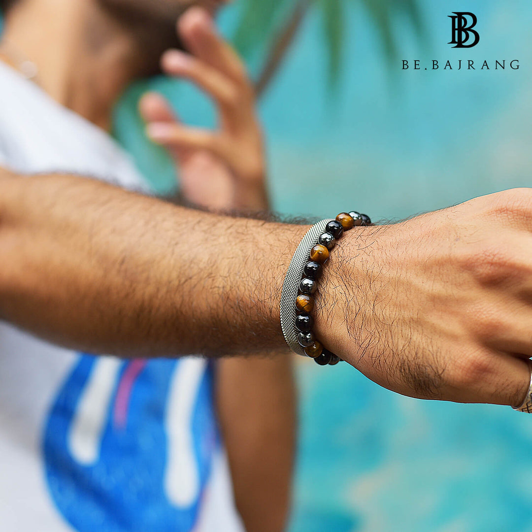 Bracelet Combo: Beaded Link Bracelets in Hematite, Onyx  Tiger Eye Gemstone Beads & Steel Mesh Cuff Bracelet