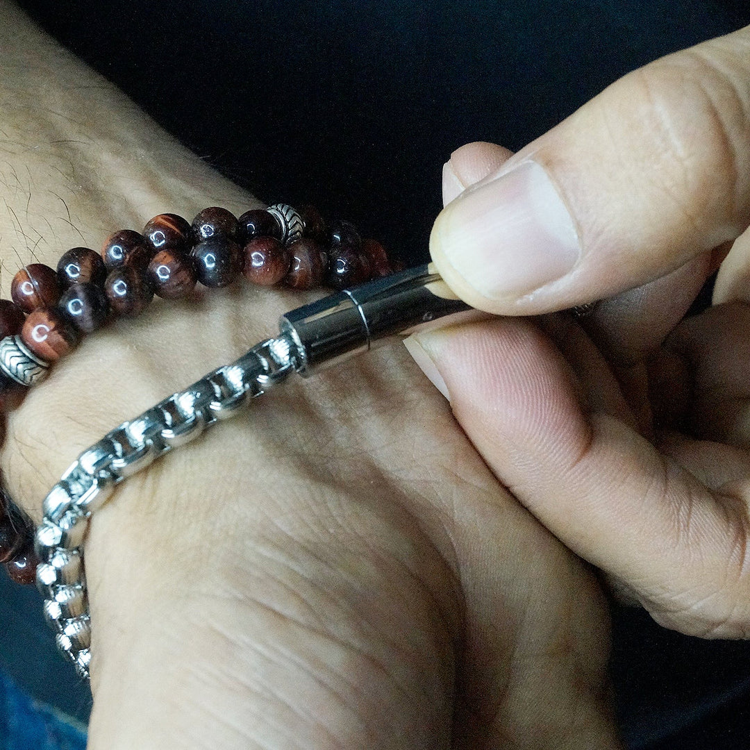 Two Layer Wrap Bracelet in Red Tiger Eye with chevron stopper