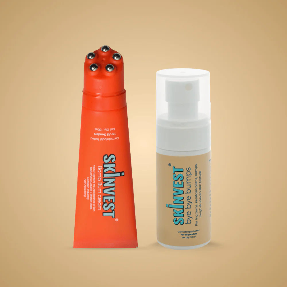 Skinvest Bomb Bum Body Cream 100gm + Bye Bye Bumps Exfoliating Mist 50ml Helps for Visibly Tightens Skin, Reduces Stretch Marks, Repairs Strawberry Skin Bumps & Uneven Texture, For Men & Women