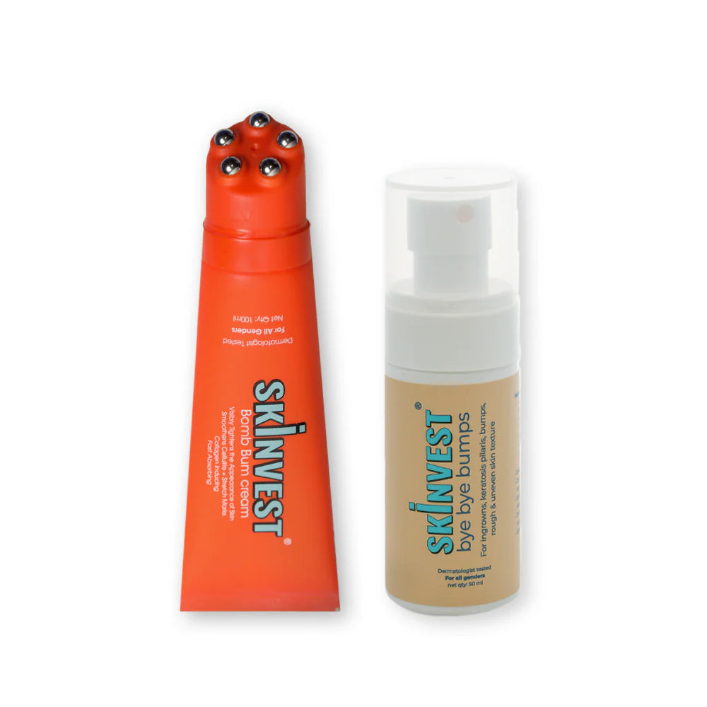 Skinvest Bomb Bum Body Cream 100gm + Bye Bye Bumps Exfoliating Mist 50ml Helps for Visibly Tightens Skin, Reduces Stretch Marks, Repairs Strawberry Skin Bumps & Uneven Texture, For Men & Women