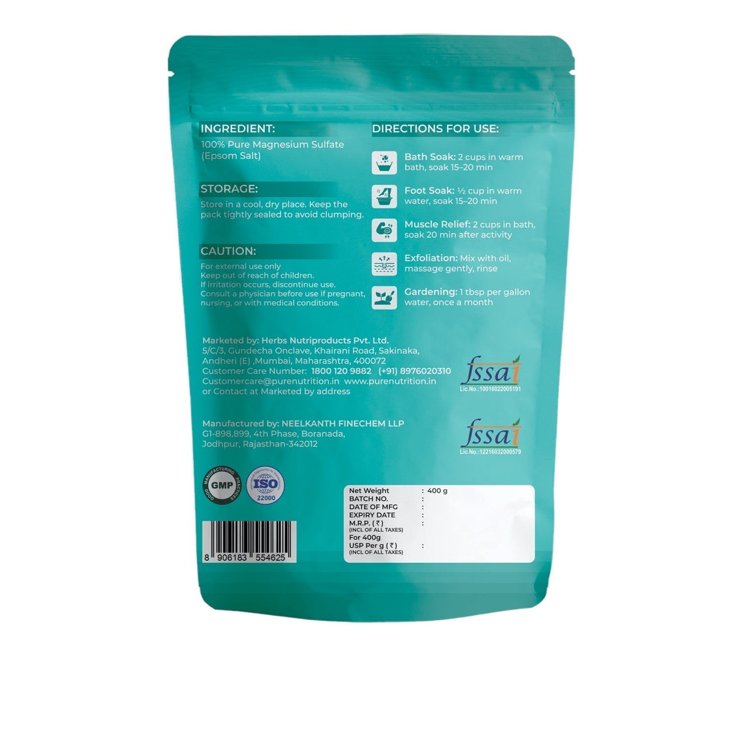 Epsom Salt 100% Magnesium Sulphate | Muscle Relaxation & Bath Soak | 400g