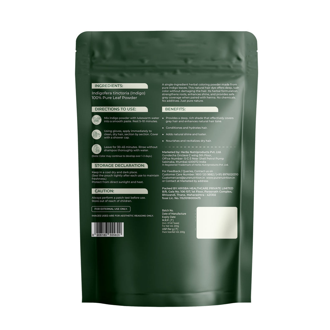 Pure Nutrition Natural Organic Indigo Powder for Hair | Herbal Hair Color Powder for Black & Dark Brown Shades