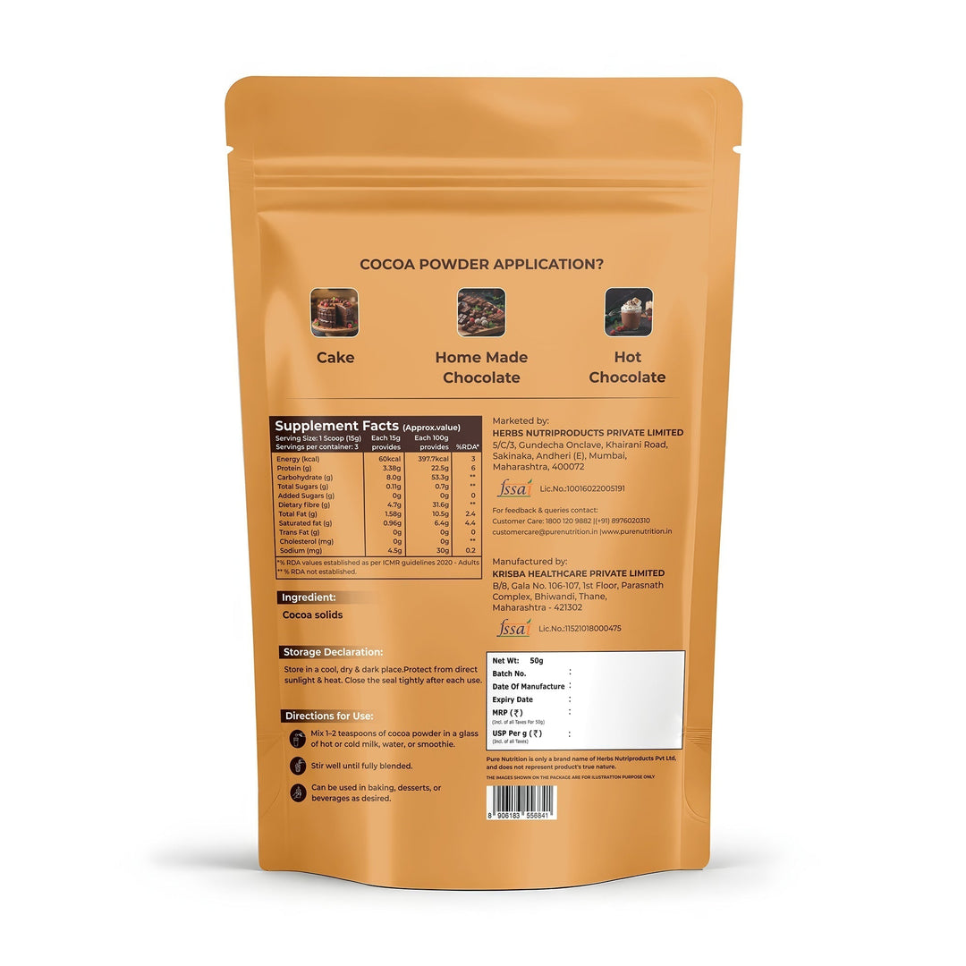 Cocoa Powder 50g | Unsweetened & Alkalized Cocoa Powder | Rich Chocolate Flavor for Baking, Beverages & Desserts