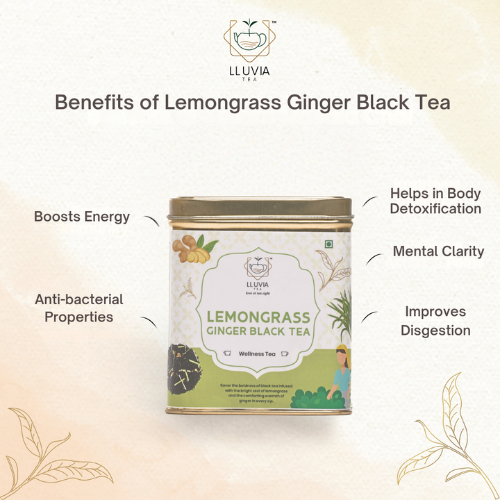 Lluvia Tea Lemongrass Ginger Black Tea - Detoxifies | Stress Relieve | Weight Loss (70gm)